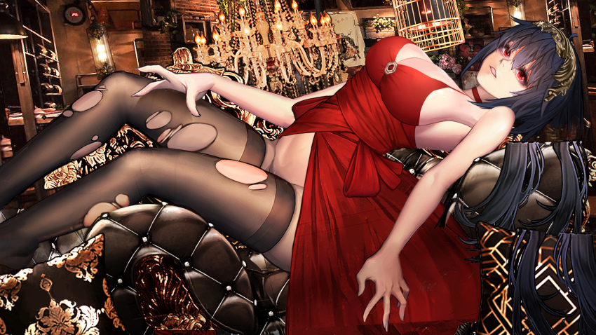 1girl azur_lane birdcage black_hair breasts cage chaise_longue chandelier cleavage cocktail_dress cushion dress gudadan hair_ornament highres indoors lantern large_breasts long_hair lying no_panties official_alternate_costume on_back red_dress red_eyes sash sideboob taihou_(azur_lane) taihou_(forbidden_fruit)_(azur_lane) thighs torn_clothes torn_legwear