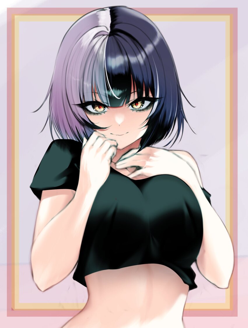 1girl black_hair black_shirt blush breasts breasts_squeezed_together closed_mouth covered_erect_nipples crop_top eyeshadow hair_intakes hands_up highres hololive hololive_english large_breasts looking_at_viewer makeup medium_hair midriff multicolored_hair nose_blush parted_hair porougon shiori_novella shirt short_sleeves simple_background single_bare_shoulder smile solo split-color_hair tsurime upper_body virtual_youtuber white_hair yellow_eyes