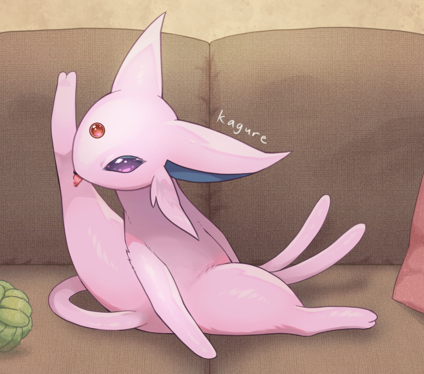 commentary_request couch creatures_(company) cushion espeon forehead_jewel forked_tail full_body game_freak gen_2_pokemon highres indoors kagure_(karaguren) licking_self nintendo no_humans pokemon pokemon_(creature) purple_eyes signature solo tail tongue tongue_out