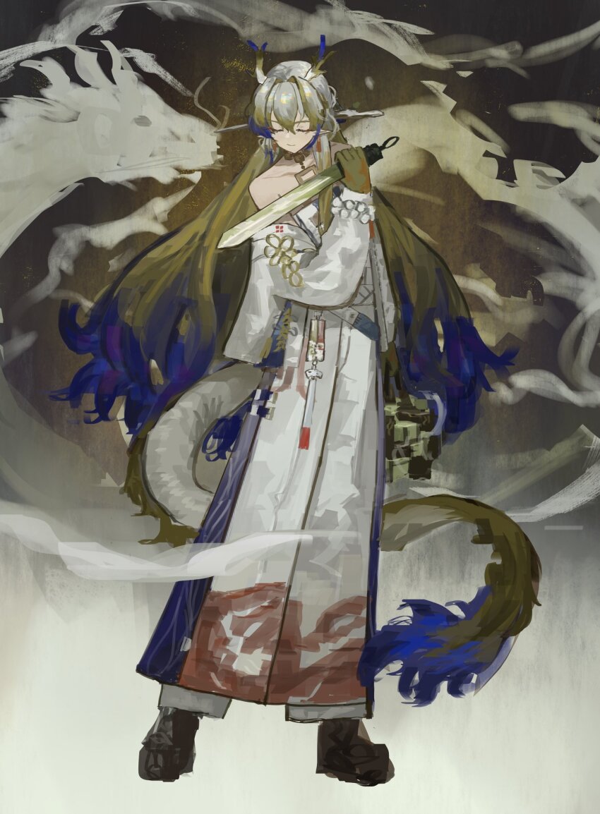 1girl arknights bare_shoulders blonde_hair closed_eyes closed_mouth collarbone dagger dragon_girl dragon_horns dragon_tail dress earrings full_body grey_hair hair_between_eyes highres holding holding_dagger holding_knife holding_weapon horns jacket japanese_clothes jewelry knife long_hair long_sleeves lunifish multicolored_hair necklace off_shoulder pointy_ears shu_(arknights) solo standing strapless tail very_long_hair weapon white_jacket