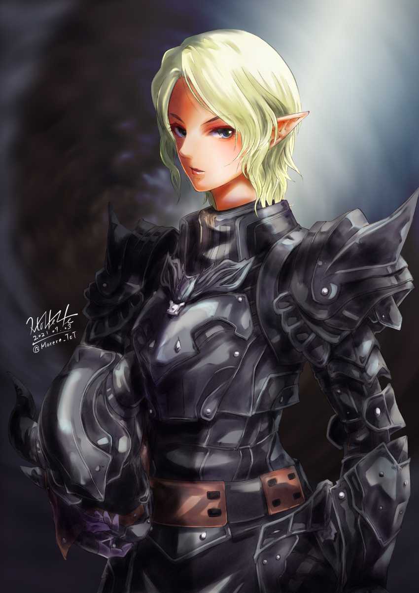 1girl 2021 adventurer_(ff11) armor artist_name black_armor blonde_hair breastplate commentary_request dark_knight_(final_fantasy) dated elf elvaan fake_horns final_fantasy final_fantasy_xi full_armor helmet highres holding holding_helmet horned_helmet horns morere multicolored_eyes open_mouth pink_lips pointy_ears rainbow_eyes short_hair shoulder_armor shoulder_spikes signature solo spiked_armor spikes twitter_username