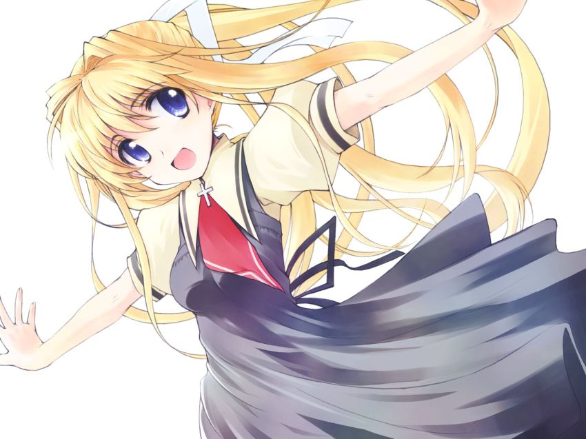 00s 1girl air_(visual_novel) bad_id bad_pixiv_id blonde_hair blue_eyes cross female_focus hair_ribbon hara_takehito highres kamio_misuzu latin_cross long_hair making-of_available open_mouth outstretched_arms puffy_sleeves ribbon school_uniform serafuku simple_background solo spread_arms very_long_hair white_background