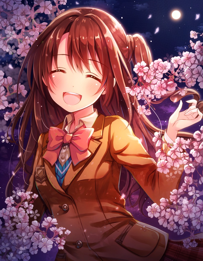 10s 1girl ^_^ brown_hair cherry_blossoms closed_eyes female_focus full_moon highres idolmaster idolmaster_cinderella_girls long_hair moon night one_side_up open_mouth school_uniform serino_itsuki shimamura_uzuki smile solo