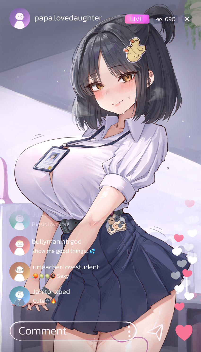 1girl absurdres black_hair blush breasts button_gap closed_mouth collared_shirt english_text fluffyebi01 heart highres huge_breasts indoors lanyard large_breasts livestream long_sleeves loogchoob_(gaolukchup) looking_at_viewer medium_hair original pleated_skirt rubber_duck_hair_ornament school shirt shirt_tucked_in short_ponytail skirt sleeves_rolled_up solo sweat thighs vibrator_cord watch white_shirt wristwatch yellow_eyes