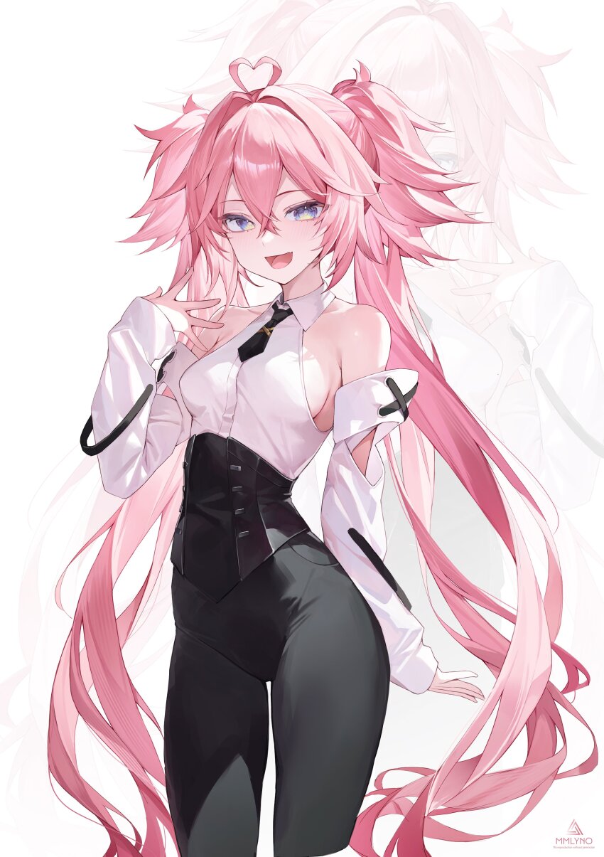 1girl absurdres bare_shoulders black_necktie black_pants corset detached_sleeves highres long_hair looking_at_viewer mmlyno necktie open_mouth original pants pink_hair shirt simple_background solo twintails white_background white_shirt