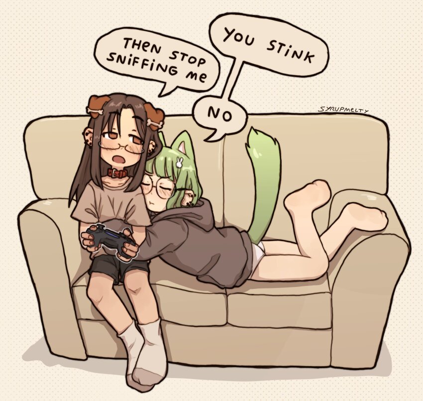 2girls amen_break_(syrupmelty) animal_collar animal_ears barefoot bone_hair_ornament brown_eyes brown_hair brown_hoodie brown_shirt cat_ears cat_girl cat_tail chibi closed_eyes collar controller couch dog_ears dog_girl ear_piercing english_text game_controller glasses green_hair green_tail hair_ornament halftone halftone_background highres holding holding_controller holding_game_controller hood hoodie hug multiple_girls on_couch open_mouth original piercing rabbit_hair_ornament shirt signature smell smelling smelling_clothes socks speech_bubble syrupmelty tail yuri