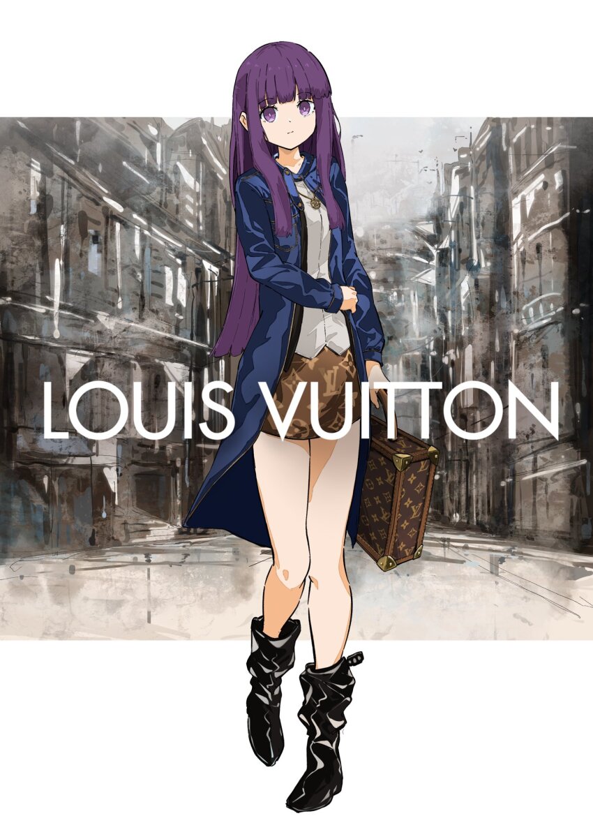 1girl alternate_costume black_footwear blue_coat blunt_bangs boots bright_pupils brown_skirt building buttons city closed_mouth coat dot_nose expressionless eyelashes fashion fern_(sousou_no_frieren) floral_print full_body hand_on_own_hip highres holding holding_suitcase knees letterboxed long_hair long_sleeves looking_at_viewer louis_vuitton_(brand) miniskirt open_clothes open_coat outdoors purple_eyes purple_hair shirt sidelocks skirt sleeves_past_wrists solo sousou_no_frieren standing straight_hair suitcase t.k.c very_long_hair white_pupils white_shirt