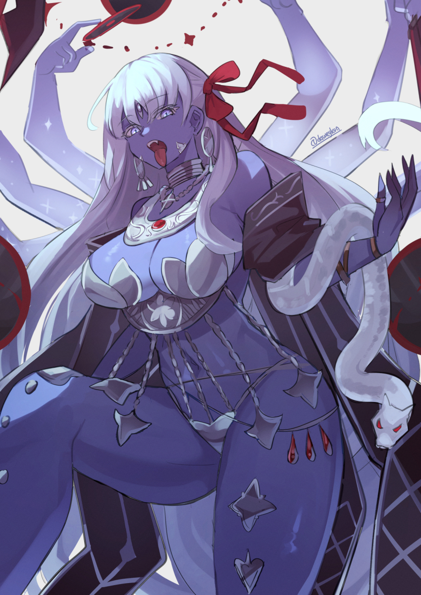 1girl blue_eyes blue_skin breasts colored_skin daweykun earrings extra_arms fangs fate/grand_order fate_(series) hair_ribbon highres jewelry kali_(fate) large_breasts long_hair navel necklace ribbon ring snake third_eye tongue tongue_out twitter_username very_long_hair white_hair