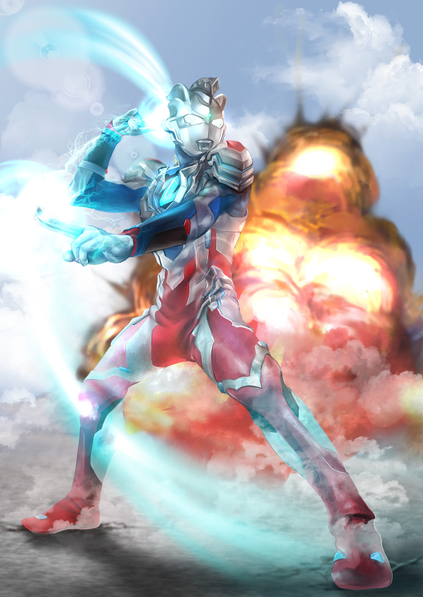 absurdres energy explosion fighting_stance glowing glowing_eyes highres looking_to_the_side omotyazukiyasan pointing solo standing tokusatsu ultra_series ultraman_z ultraman_z_(series) white_eyes