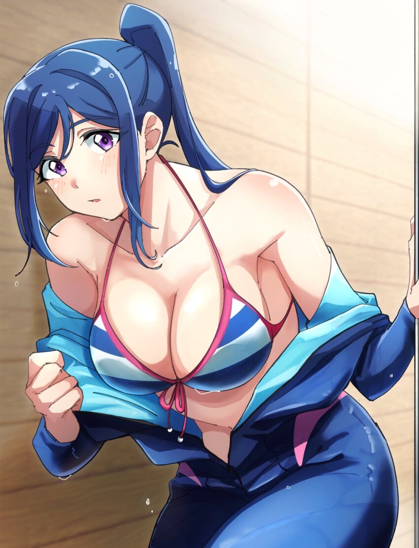 1girl akira_hjk bare_shoulders bikini bikini_under_clothes blue_bikini blue_bodysuit blue_hair blush bodysuit breasts cleavage clenched_hands collarbone cowboy_shot diving_suit high_ponytail highres large_breasts looking_at_viewer love_live! love_live!_sunshine!! matsuura_kanan open_bodysuit open_clothes partially_unzipped ponytail purple_eyes red_bikini shiny_clothes shiny_skin sidelocks skin_tight solo standing string_bikini striped_bikini striped_clothes sweat swimsuit undressing unzipping wet wet_clothes wetsuit wooden_wall