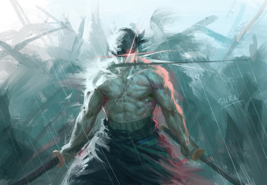 1boy bandana black_bandana cowboy_shot glint glowing glowing_eyes haramaki highres katana male_focus mouth_hold muscular muscular_male one_eye_in_shadow one_piece red_eyes red_light roronoa_zoro scar scar_across_eye scar_on_chest solo standing suracii sword topless_male triple_wielding weapon weapon_in_mouth