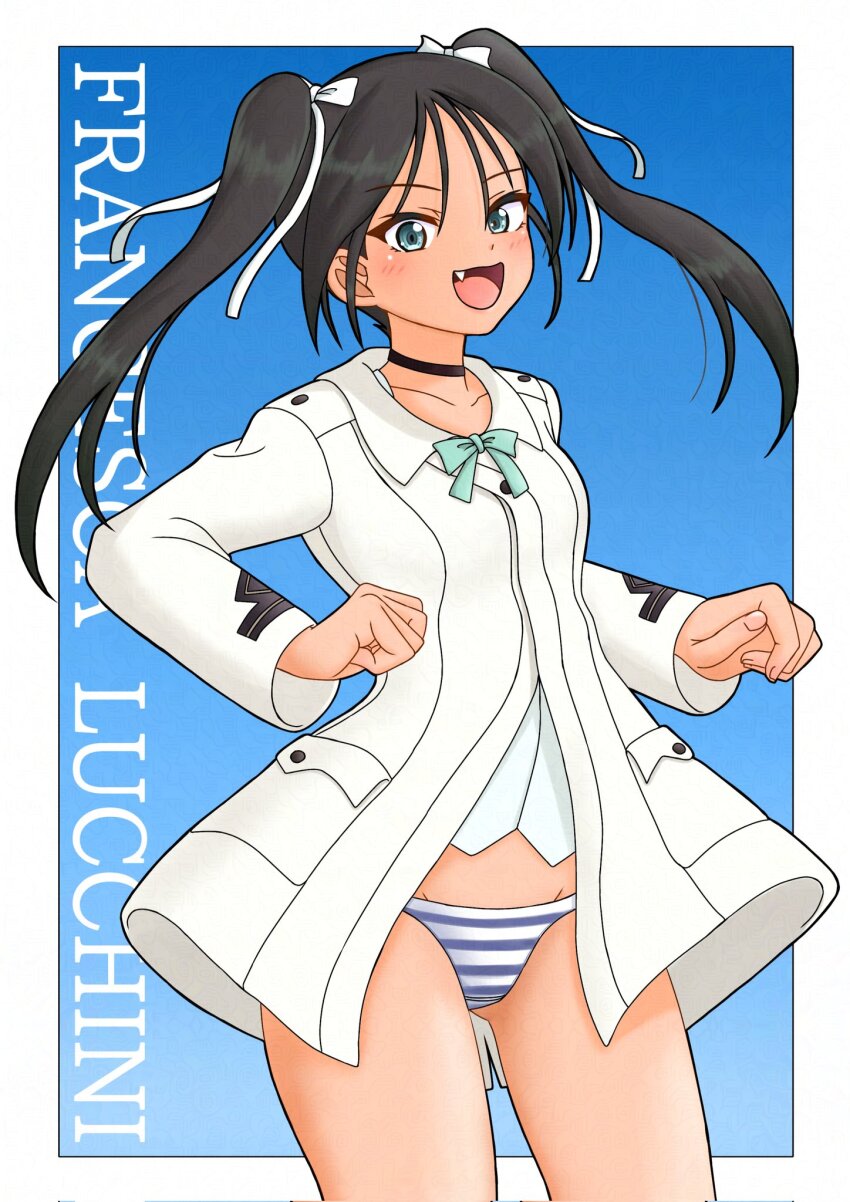 1girl amanone_yun black_hair blue_background collar francesca_lucchini highres jacket long_hair looking_at_viewer military military_uniform no_pants open_mouth panties simple_background smile solo standing strike_witches striped_clothes striped_panties twintails underwear white_jacket world_witches_series