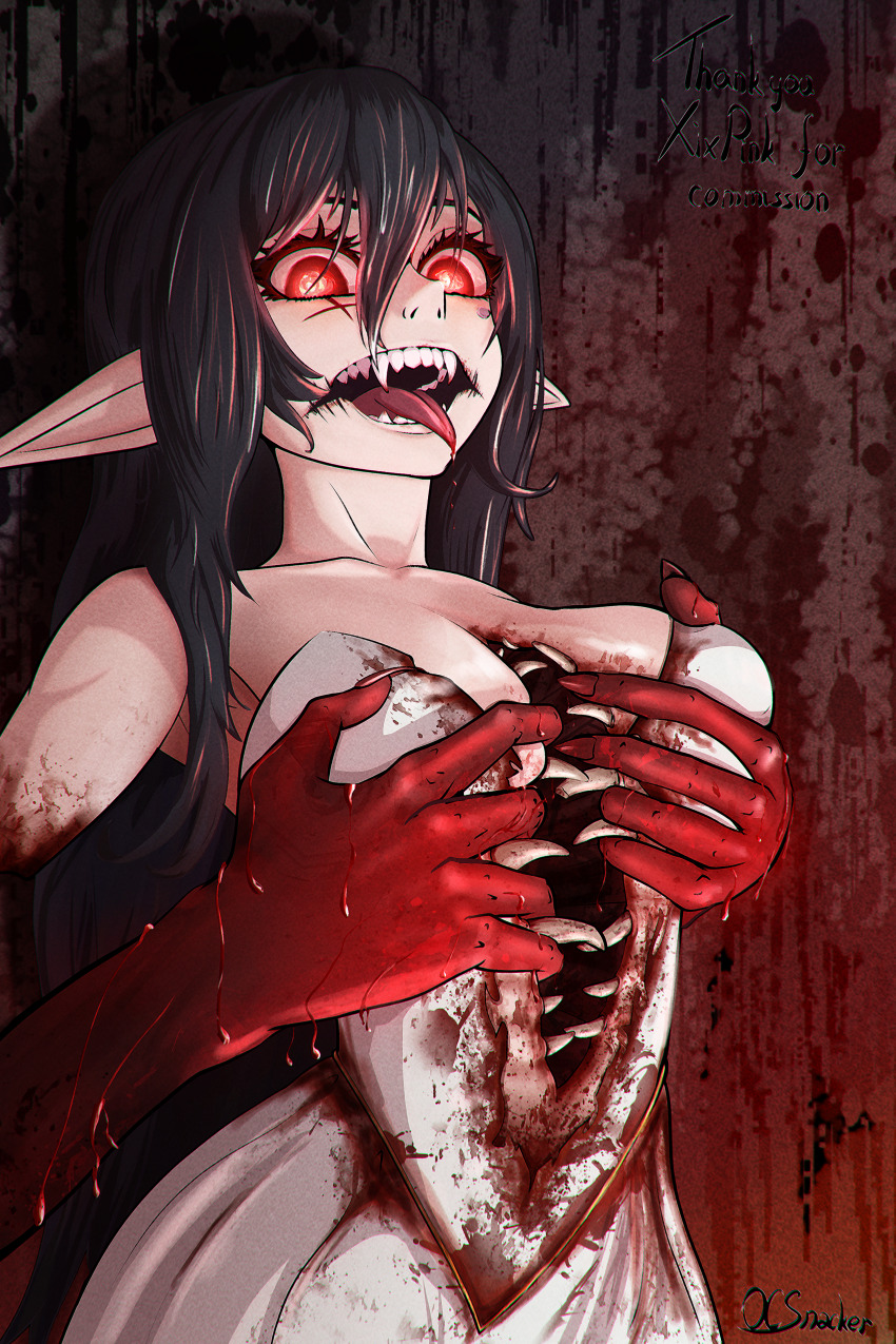 1girl absurdres artist_name black_hair blood blood_drip blood_on_clothes blood_on_hands bloody_clothes bloody_dress body_horror breasts center_opening collarbone commission dress eyelashes facial_mark fangs glasgow_smile hair_between_eyes highres horror_(theme) indie_virtual_youtuber layna_lazar long_hair multicolored_hair ocsnacker pink_hair pointy_ears red_eyes shadow solo strapless strapless_dress streaked_hair tongue tongue_out torn_clothes torn_dress virtual_youtuber white_dress