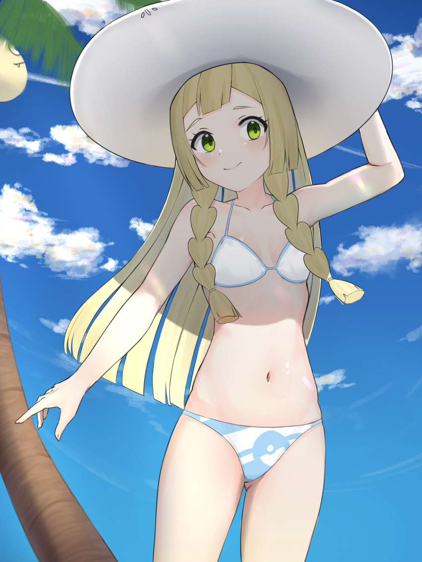 1girl absurdres alolan_exeggutor alolan_form arm_up bikini blonde_hair breasts closed_mouth cloud collarbone commentary_request creatures_(company) day eyelashes game_freak gen_7_pokemon green_eyes hat highres lillie_(pokemon) long_hair minmi_(minmiism) navel nintendo outdoors pokemon pokemon_(creature) pokemon_sm sky smile swimsuit white_bikini white_hat