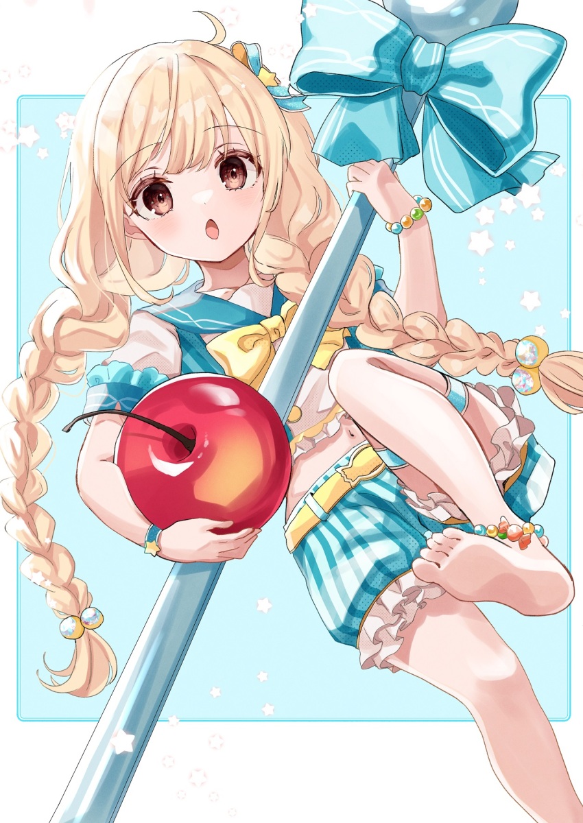 1girl anklet barefoot bead_anklet bead_bracelet beads belt blonde_hair blue_background blue_bow blue_ribbon blue_shirt blue_shorts blush border bow bowtie bracelet braid brown_eyes candy cherry commentary dot_nose dutch_angle flat_chest food frilled_shirt frilled_shorts frills fruit futaba_anzu hair_bobbles hair_bow hair_ornament hair_ribbon highres holding holding_food holding_fruit holding_spoon idolmaster idolmaster_cinderella_girls idolmaster_cinderella_girls_starlight_stage jewelry long_hair looking_at_viewer low_twin_braids low_twintails midriff navel open_mouth outside_border ribbon rino_cnc shirt short_sleeves shorts simple_background soles solo spoon standing standing_on_one_leg star_(symbol) star_hair_ornament striped_clothes striped_shorts thigh_strap twin_braids twintails vertical-striped_clothes vertical-striped_shorts very_long_hair white_border wristband yellow_belt yellow_bow yellow_bowtie