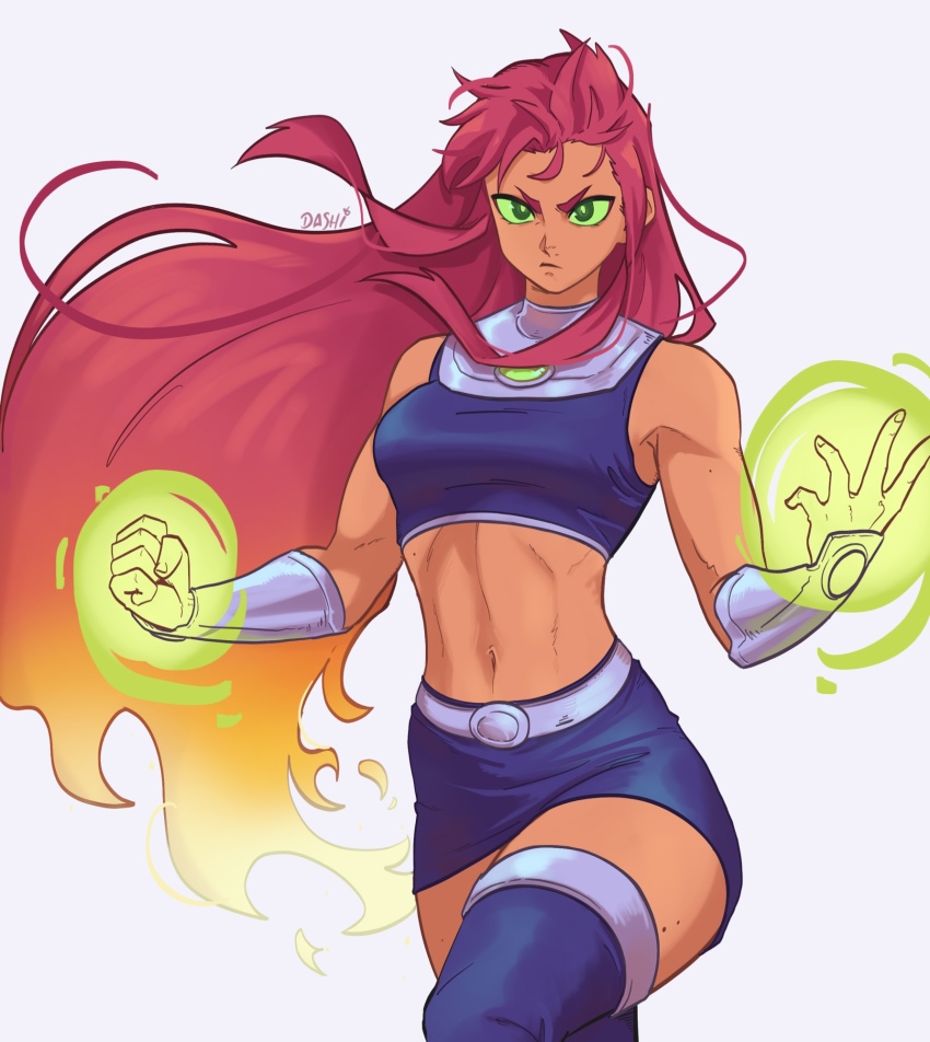 1girl artist_name breasts colored_sclera colored_skin commentary dashi_(dashiart) dc_comics green_eyes green_sclera highres long_hair navel orange_skin purple_tank_top red_hair simple_background solo starfire tamaranean tank_top teen_titans white_background