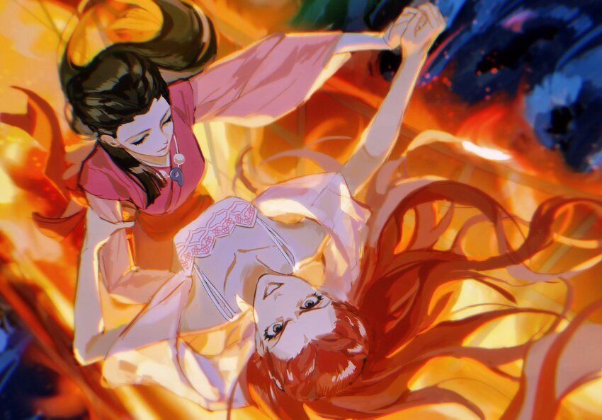 2girls ace_attorney black_hair blue_eyes breasts bridge burning burning_building closed_eyes collarbone dahlia_hawthorne dancing dress empty_eyes evil_grin evil_smile fire floating_hair from_above grin highres holding holding_hands iris_(ace_attorney) jewelry laechos long_hair looking_at_viewer lying magatama makeup multiple_girls night nun orange_hair outdoors parted_lips phoenix_wright:_ace_attorney_-_trials_and_tribulations pink_dress ponytail red_hair robe see-through_clothes shirt siblings sisters smile white_dress