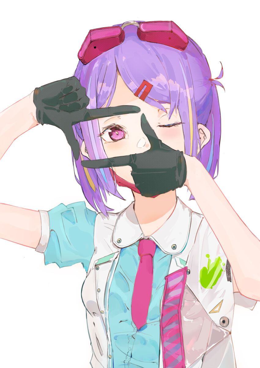 1girl absurdres black_gloves commentary finger_frame gloves green_shirt guratanchikin heaven_burns_red highres ishii_iroha mask mask_pull multicolored_hair necktie one_eye_closed purple_eyes purple_hair shirt solo streaked_hair twintails