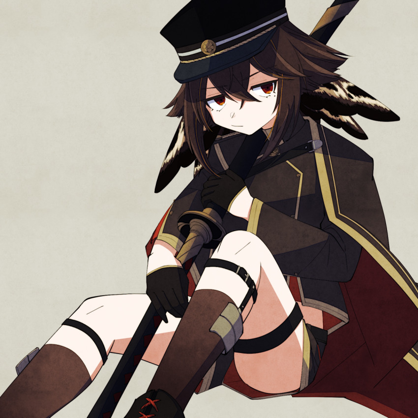 1girl animal_ears arthropod_girl azur_lane black_footwear black_gloves black_hat black_socks brown_hair closed_mouth crossed_bangs gloves grey_background hat highres holding holding_sword holding_weapon insect_girl invisible_chair katana kneehighs looking_at_viewer military_uniform mole mole_under_eye moth_girl nakagawa_(shirupet_logic) oite_(azur_lane) peaked_cap red_eyes short_hair simple_background sitting socks solo sword thigh_strap weapon