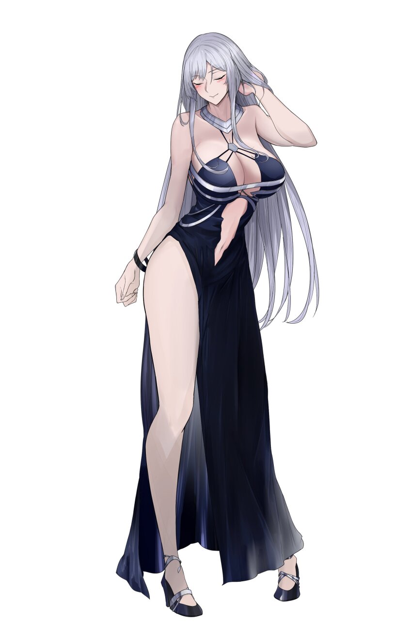 1girl absurdres ak-12_(girls&#039;_frontline) ak-12_(quiet_azure)_(girls&#039;_frontline) backless_dress backless_outfit bare_shoulders blue_dress blush bracelet breasts center_opening cleavage closed_eyes closed_mouth clothing_cutout dress evening_gown full_body girls&#039;_frontline grey_hair halter_dress halterneck high_heels highres jewelry large_breasts long_hair navel navel_cutout official_alternate_costume pale_skin parted_bangs smile solo swavigg white_background