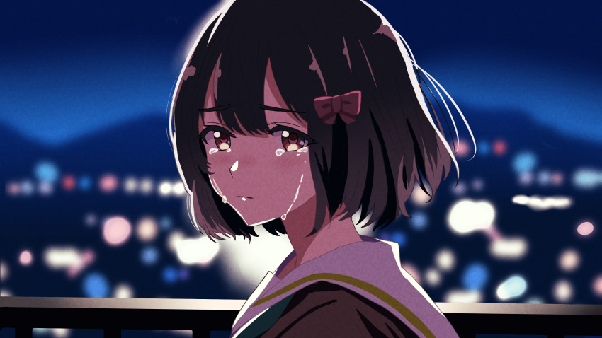 1girl absurdres black_hair blurry blurry_background blush bob_cut bow brown_shirt city_lights closed_mouth crying crying_with_eyes_open hair_bow hibike!_euphonium highres hisaishi_kanade kinomiki kitauji_high_school_uniform looking_at_viewer looking_back night outdoors red_eyes sailor_collar school_uniform serafuku shirt short_hair solo tears white_sailor_collar