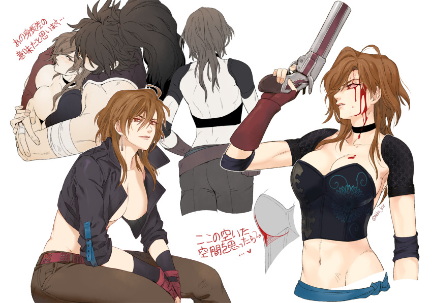 1boy 1girl ahoge backless_outfit black_choker black_jacket blood blood_on_face blush breasts brown_hair choker cropped_jacket detached_sleeves earrings gun handgun holding holding_gun holding_weapon jacket jewelry khirzava large_breasts long_hair maeda_keiji_(sengoku_basara) multiple_views nipple_slip nipples no_bra no_shirt ponytail red_eyes saika_magoichi_(sengoku_basara) sengoku_basara simple_background sitting smirk weapon white_background