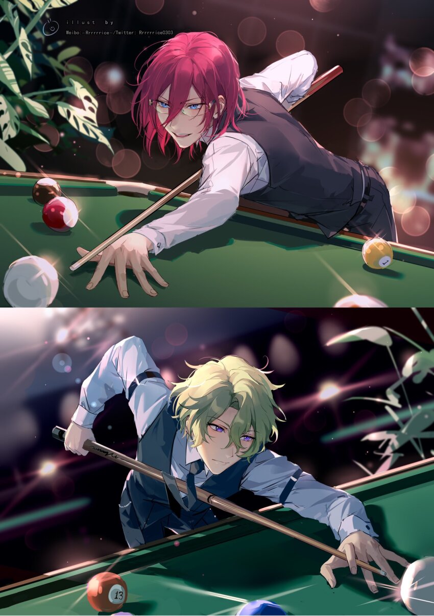 2boys ball billiard_ball billiards black_necktie black_pants blue_eyes blurry blurry_background closed_mouth collared_shirt ensemble_stars! fingernails glasses green_hair hair_between_eyes highres leaf leaning_forward long_sleeves male_focus multiple_boys necktie open_mouth pants pink_hair plant purple_eyes rrr_(reason) saegusa_ibara shirt short_hair teeth tomoe_hiyori upper_teeth_only vest watermark