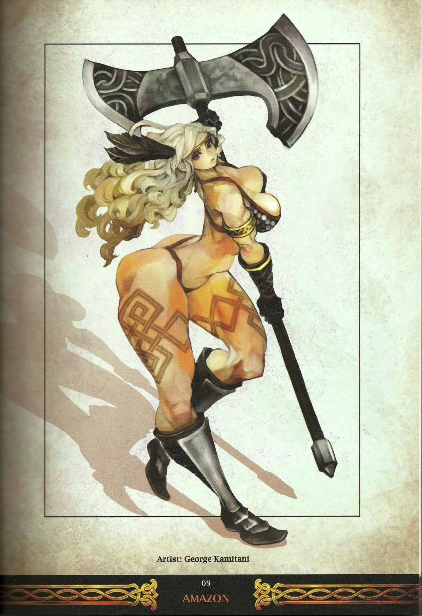 1girl amazon_(dragon&#039;s_crown) amazon_warrior armlet armor artbook ass bikini_armor blonde_hair boots breasts circlet curvy dragon&#039;s_crown feathers full_body gloves green_eyes halberd highres huge_ass jewelry kamitani_george large_breasts long_hair muscular official_art polearm scan tattoo thick_thighs thighs thong vanillaware very_long_hair weapon wide_hips