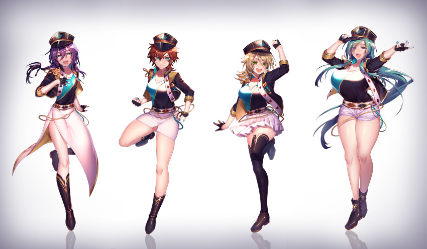 4girls absurdres adapted_costume alkaloid_(ensemble_stars!) alternate_hair_length alternate_hairstyle amagi_hiiro aqua_nails ayase_mayoi breasts bust_chart ensemble_stars! full_body genderswap genderswap_(mtf) highres huge_breasts idol_clothes kazehaya_tatsumi legs multiple_girls naganegi nail_polish reflective_floor shiratori_aira_(ensemble_stars!) shorts side-by-side skirt vignetting white_background white_shorts white_skirt