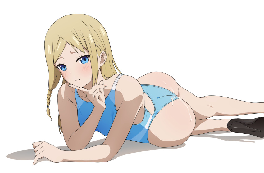 1girl absurdres ass back_cutout black_footwear blonde_hair blue_eyes blue_one-piece_swimsuit closed_mouth clothing_cutout coro_fae cum cum_on_ass cum_on_body hayasaka_ai high_heels highres index_finger_raised kaguya-sama_wa_kokurasetai_~tensai-tachi_no_renai_zunousen~ light_blush looking_at_viewer lying on_side one-piece_swimsuit shadow simple_background solo swimsuit