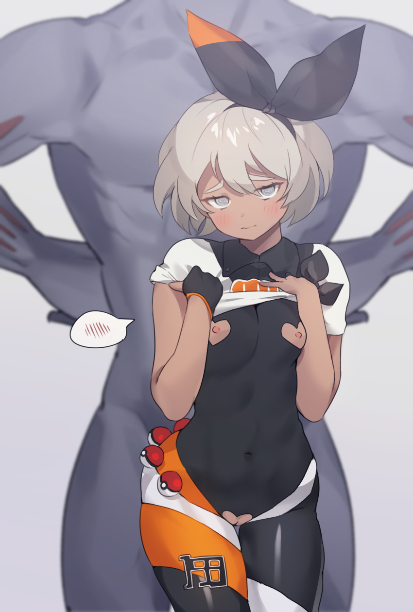 1girl @_@ bad_id bad_pixiv_id bea_(pokemon) black_bodysuit blush bodysuit bow breasts censored clothes_lift clothing_cutout commentary_request covered_navel creatures_(company) dark-skinned_female dark_skin game_freak gen_1_pokemon gogoco gym_leader hair_bow hairband heart heart_cutout highres lifting_own_clothes looking_at_viewer machoke medium_breasts meme_attire navel nintendo nipple_cutout nipples poke_ball poke_ball_(basic) pokemon pokemon_(creature) pokemon_swsh pussy pussy_cutout reverse_bunnysuit reverse_outfit shirt_lift short_hair small_breasts spoken_blush stomach waist_poke_ball wavy_mouth