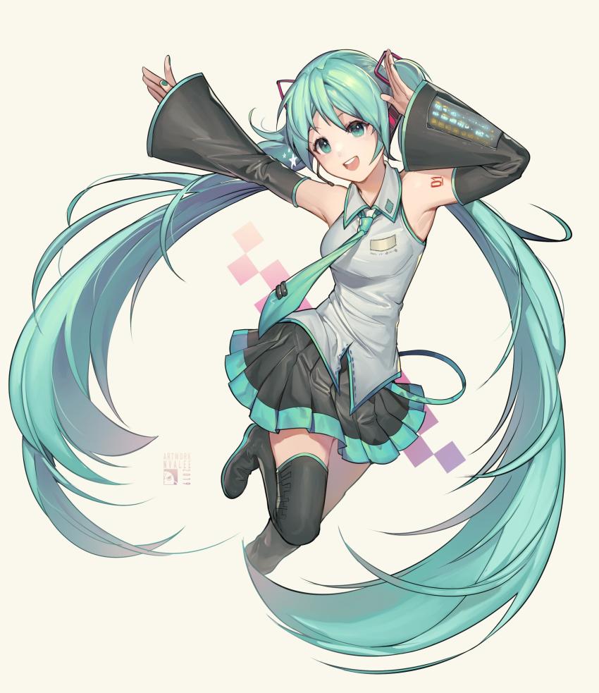 1girl :d absurdres argyle_background argyle_clothes armpits arms_up black_footwear black_skirt black_thighhighs blue_eyes blue_hair blue_nails blue_necktie breasts commentary detached_sleeves english_commentary female_focus fingernails floating_hair full_body hatsune_miku highres jumping long_hair looking_at_viewer medium_breasts nail_polish necktie number_tattoo open_mouth pleated_skirt shirt shoulder_tattoo simple_background skirt sleeveless sleeveless_shirt smile solo star_(symbol) tattoo teeth thighhighs twintails upper_teeth_only velahka vocaloid watermark white_background white_shirt zettai_ryouiki