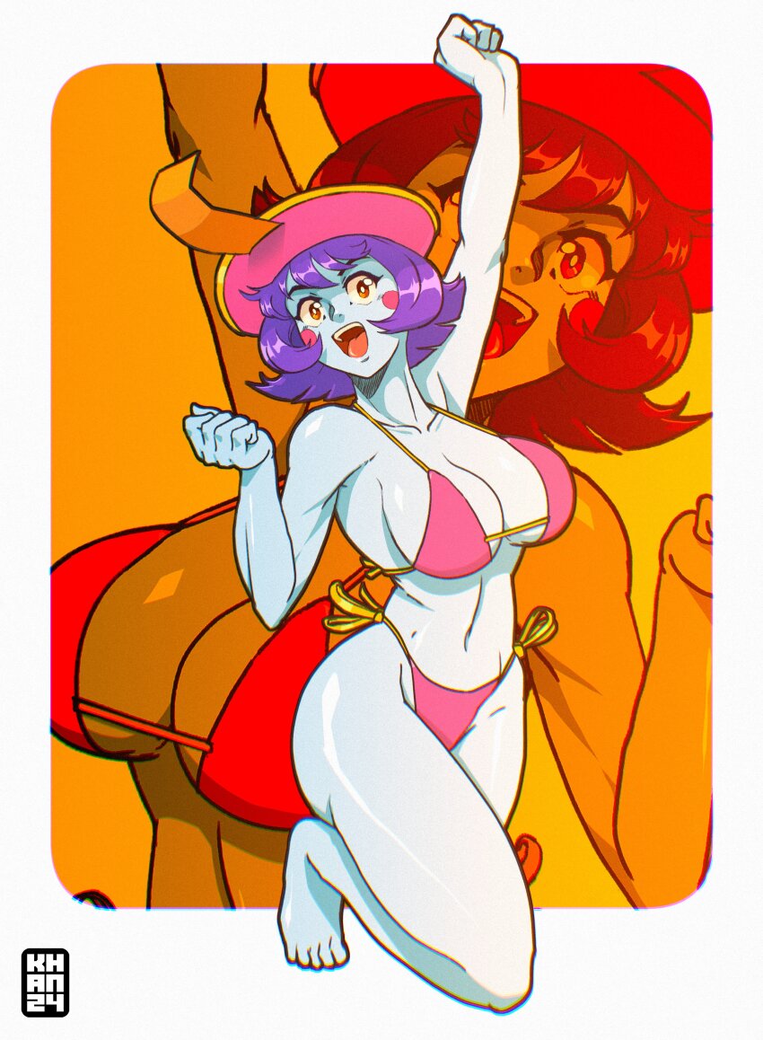 1990s_(style) 1girl absurdres arm_up armpits artist_name barefoot bikini breasts capcom cleavage clenched_hands curvy darkstalkers feet highres large_breasts legs hsien-ko looking_at_viewer navel open_mouth pink_bikini purple_hair red_eyes retro_artstyle short_hair smile swimsuit teeth thick_thighs thighs thong_bikini tongue yung_khan