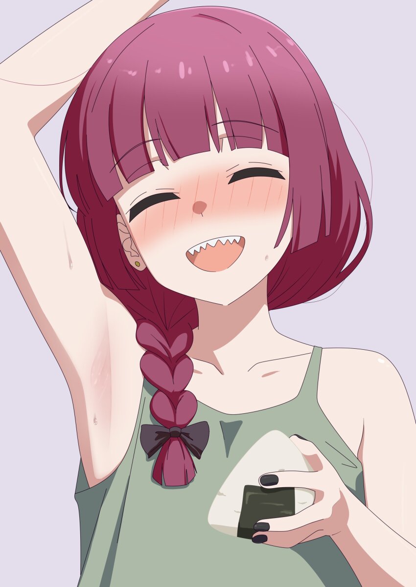 1girl absurdres arm_up armpit_focus armpit_onigiri armpits black_nails blunt_bangs blunt_ends blush bocchi_the_rock! braid braided_ponytail closed_eyes collarbone commentary dress earrings english_commentary flat_chest green_dress grey_background hair_over_shoulder highres hiroi_kikuri holding jewelry long_hair nail_polish open_mouth purple_hair shadow sharp_teeth simple_background smile solo sorashikomi stud_earrings sweatdrop teeth upper_body upper_teeth_only