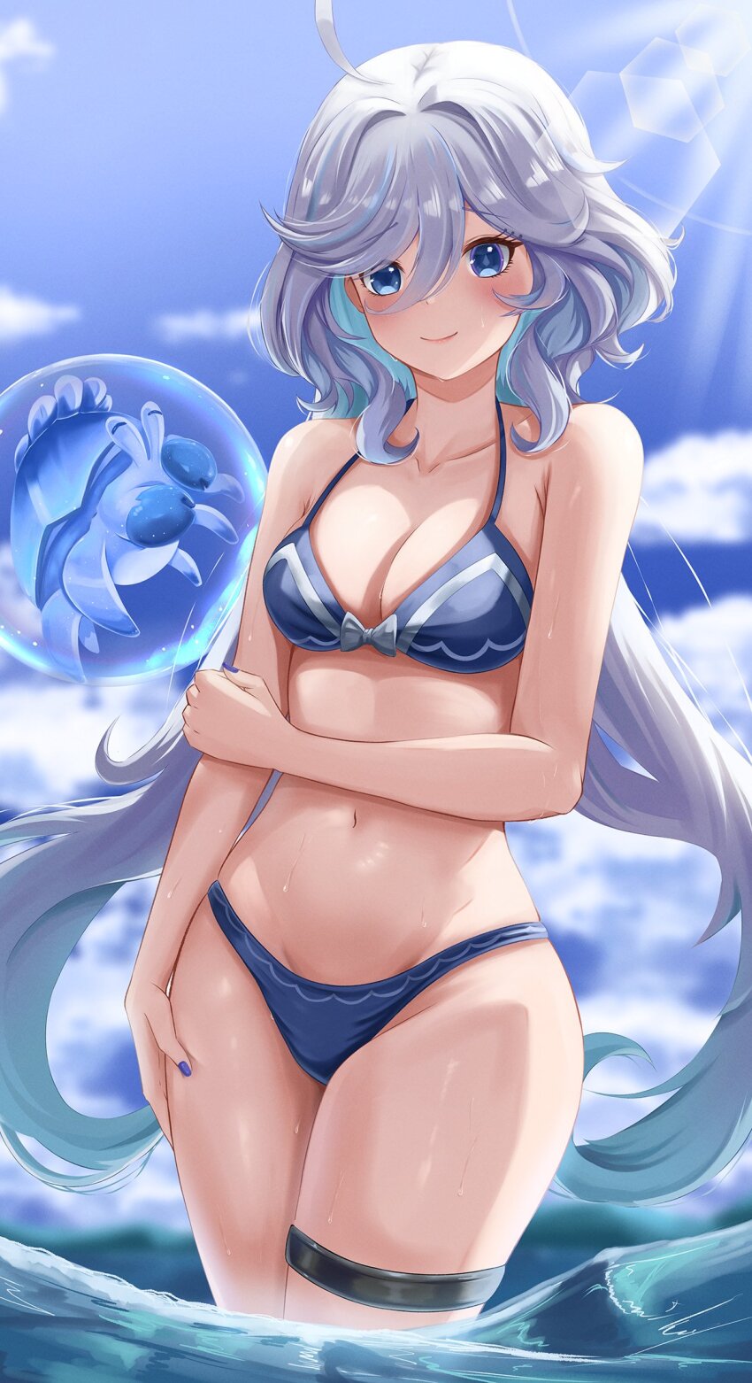 1girl bare_arms bare_legs bare_shoulders bikini blue_bikini blue_eyes blurry blurry_background breasts cleavage embarrassed furina_(genshin_impact) genshin_impact hair_between_eyes highres long_hair looking_at_viewer medium_breasts multicolored_hair solo swimsuit tyrzul white_hair