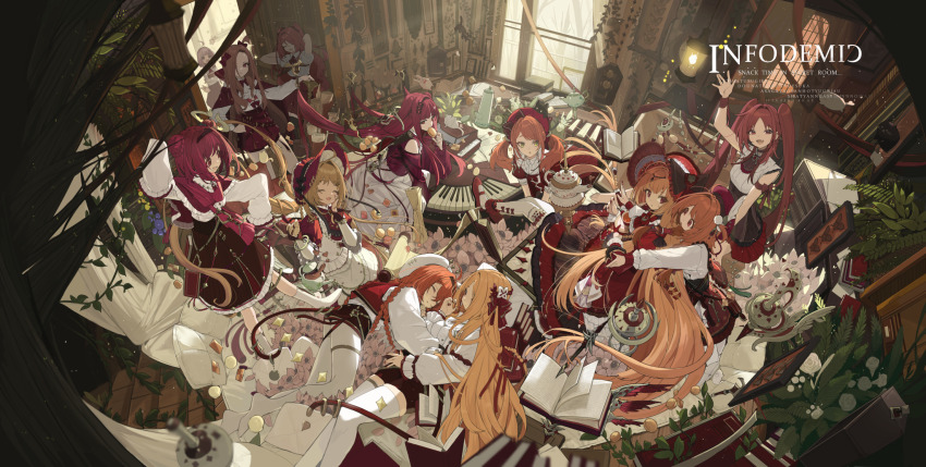 6+girls absurdly_long_hair blonde_hair bonnet braid brown_hair commentary dress flower frills from_above gothic_lolita highres indoors instrument lolita_fashion long_hair looking_at_another looking_at_viewer md5_mismatch multiple_girls open_door orange_hair original pantyhose piano red_eyes red_hair red_skirt resolution_mismatch revision shirt skirt symbol-only_commentary touzai_(poppin_phl95) twin_braids twintails very_long_hair white_dress white_flower white_pantyhose white_shirt