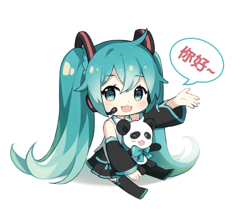 1girl aqua_bow aqua_eyes aqua_hair aqua_necktie bare_shoulders black_skirt black_sleeves black_thighhighs bow bowtie chibi chinese_commentary chinese_text detached_sleeves fenghu_(huli) hair_ornament hatsune_miku hatsune_miku_(vocaloid4)_(chinese) headphones headset highres long_hair looking_at_viewer miniskirt necktie outstretched_arm panda pleated_skirt shirt sitting skirt sleeveless sleeveless_shirt smile solo speech_bubble thighhighs twintails very_long_hair vocaloid waving white_background white_shirt