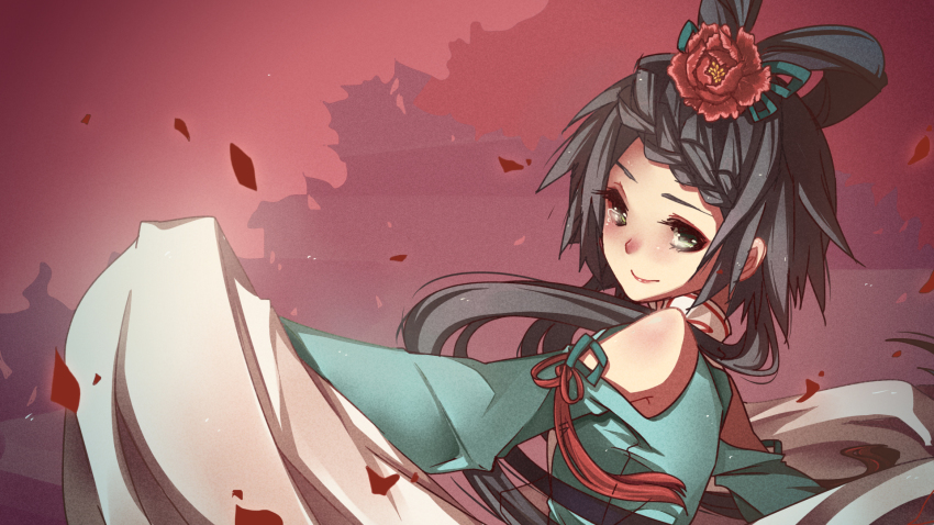 1girl bad_id bad_pixiv_id female_focus flower hair_flower hair_ornament highres kaka_cheung luo_tianyi petals san_yue_yu_(vocaloid) smile solo tears vocaloid vsinger_(vocaloid)