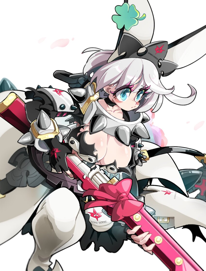 1girl absurdres animal_ears blue_eyes bongfill boots bracelet breasts elphelt_valentine fake_animal_ears fingerless_gloves gloves guilty_gear hat highres holding holding_weapon jacket jewelry large_breasts rabbit_ears ribbon serious spiked_bracelet spikes thighhighs weapon white_background white_hair