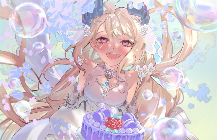 absurdly_long_hair ahoge bare_shoulders bird_girl birthday_cake blonde_hair blue_hair blush bob_cut breasts cake crystal_wings dress enna_alouette enna_alouette_(2nd_costume) flower food frilled_dress frills fruit gear_(gear_990) gradient_hair hair_flower hair_ornament head_wings highres long_hair looking_at_viewer low_twintails macaron multicolored_eyes multicolored_hair nijisanji nijisanji_en official_alternate_costume official_alternate_hairstyle open_mouth pleated_dress puffy_sleeves purple_eyes purple_wings short_hair small_breasts smile strawberry twintails very_long_hair virtual_youtuber white_flower wings yellow_eyes