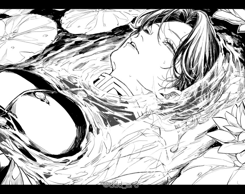 butterfly_hair_ornament ddd_ar0 flower greyscale hair_ornament half-closed_eyes haori highres japanese_clothes kimetsu_no_yaiba kochou_shinobu lily_pad monochrome parted_lips partially_submerged short_hair uniform upper_body water water_lily_flower