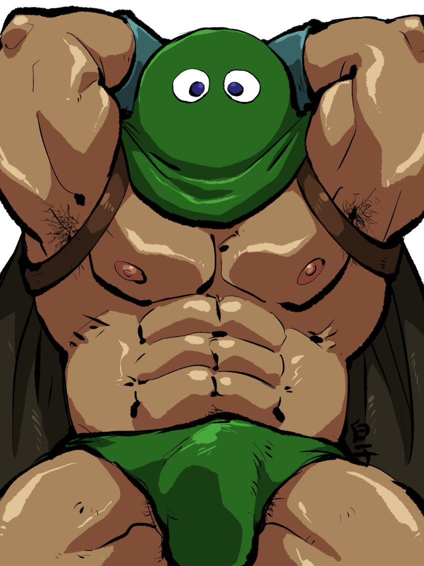 1boy abs armpit_hair armpits arms_behind_head bara bare_pectorals briefs brown_cape bulge cape chest_harness dark-skinned_male dark_skin dragon_quest erection erection_under_clothes feet_out_of_frame green_male_underwear harness highres kandar large_pectorals leather male_focus male_underwear mask muscular muscular_male navel nipples no_pants pectorals shirako_(kirupi) solo spread_legs stomach thick_thighs thighs underwear zentai