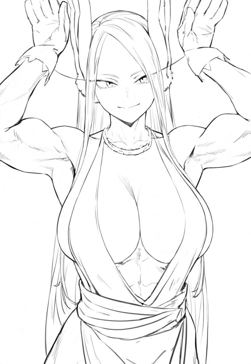 1girl abs animal_ears armpits arms_up bare_shoulders biceps boku_no_hero_academia breasts center_opening cleavage collarbone commentary dress gloves greyscale halter_dress halterneck hands_up highres jewelry large_breasts lineart long_eyelashes long_hair looking_at_viewer mirko monochrome necklace parallaxfused parted_bangs rabbit_ears rabbit_girl rabbit_pose smile solo toned toned_female upper_body very_long_hair