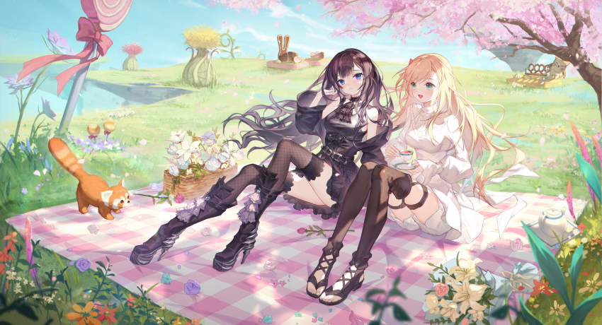 2girls ascot baicongdantui black_ascot black_dress black_hair candy character_cookie choker cup dress final_fantasy final_fantasy_xiv fishnet_thighhighs fishnets flower food gaia_(ff14) goth_fashion grass high_heels highres hyur lace lace-trimmed_choker lace-trimmed_thighhighs lace_trim moogle multiple_girls off_shoulder picnic_blanket red_panda ryne_waters spriggan_(final_fantasy) teacup thighhighs thighs white_dress