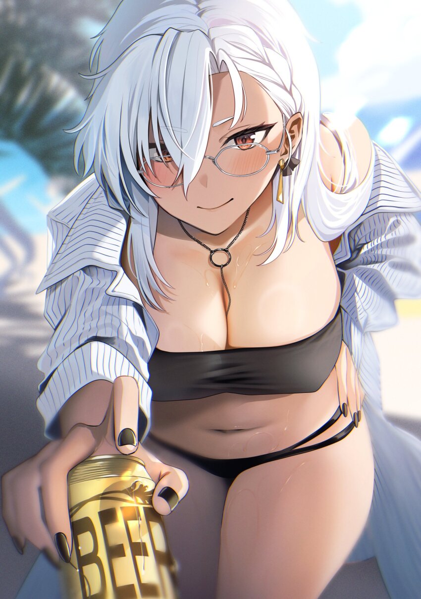 alcohol beer beer_can black_nails breasts can dark-skinned_female dark_skin drink_can glasses hair_behind_ear highres jewelry kantai_collection large_breasts long_hair musashi_(kancolle) nail_polish necklace outdoors red_eyes shirt smile striped_clothes striped_shirt tsurime white-framed_eyewear yunamaro