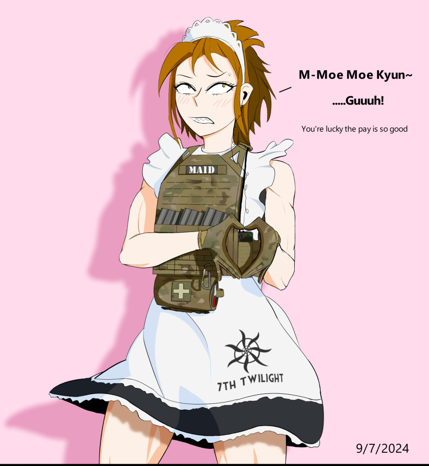 7th_twilight anime_coloring apron blush bulletproof_vest camouflage embarrassed highres maid maid_apron maid_headdress moe_moe_kyun! multicolored_hair muscular muscular_female original small_pupils tactical_clothes tactical_maid tomboy two-tone_hair unconventional_maid