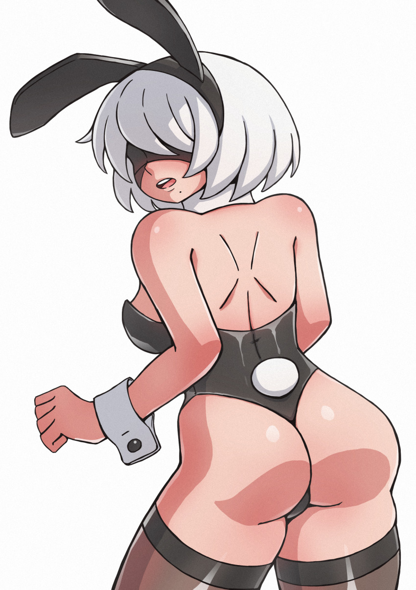 1girl 2b_(nier:automata) absurdres animal_ears ass back bad_tag blindfold breasts from_behind highres huge_ass leotard long_socks looking_at_viewer mole nier:automata nier_(series) open_clothes open_mouth playboy_bunny rabbit_ears rabbit_girl rabbit_tail short_hair simple_background solo tail teeth tixxto tongue white_background white_hair