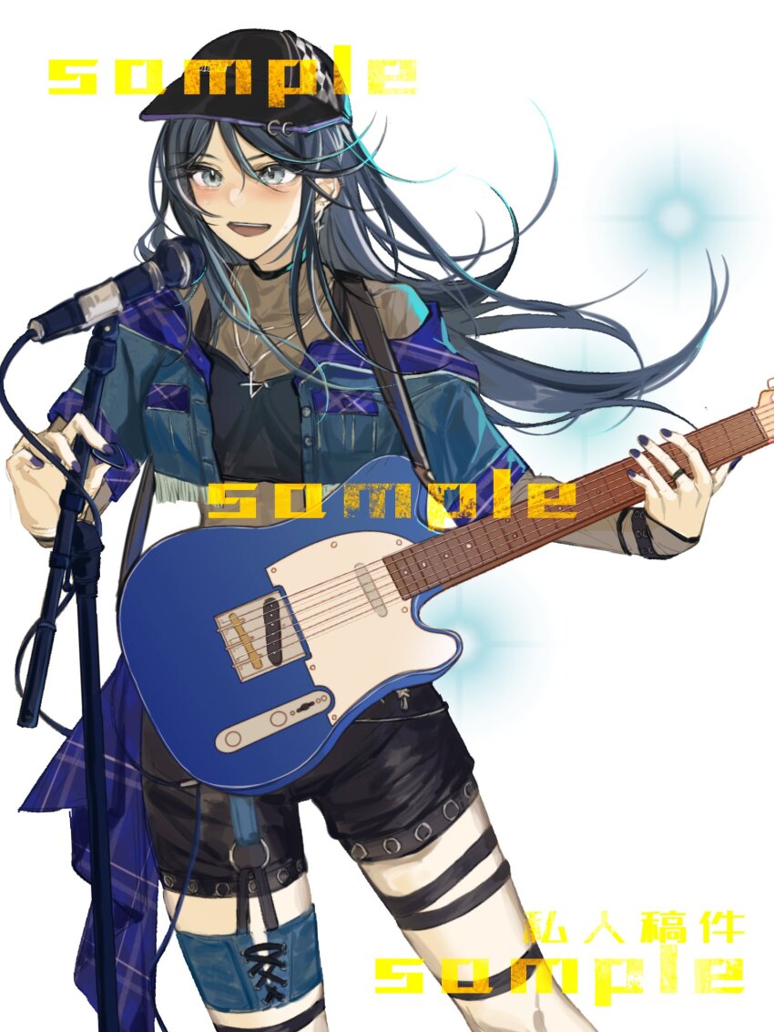 1girl baseball_cap black_hat black_shirt black_shorts blue_hair blue_jacket blue_nails commentary commission earrings electric_guitar english_commentary feiyu30903448 floating_hair garter_straps guitar hair_between_eyes hat highres holding holding_guitar holding_instrument holding_plectrum hoshino_ichika_(project_sekai) instrument jacket jewelry long_hair long_hair_between_eyes mixed-language_commentary nail_polish necklace open_mouth pierced_hat plectrum project_sekai ring sample_watermark shirt shorts solo teeth thigh_strap upper_teeth_only watermark