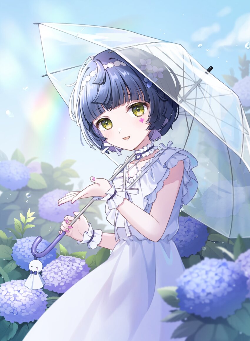 1girl absurdres aru_(sinsekai) black_hair choker cloud colored_inner_hair commentary criss-cross_halter dress edano_(8ed_mm8) facial_mark flower flower_facial_mark frilled_choker frills hair_flower hair_ornament hairband halterneck highres holding holding_umbrella kamitsubaki_studio looking_at_viewer multicolored_hair open_mouth purple_flower purple_hair purple_nails rainbow short_hair sinsekai_studio sky sleeveless smile solo sunlight transparent transparent_umbrella umbrella virtual_youtuber white_dress yellow_eyes