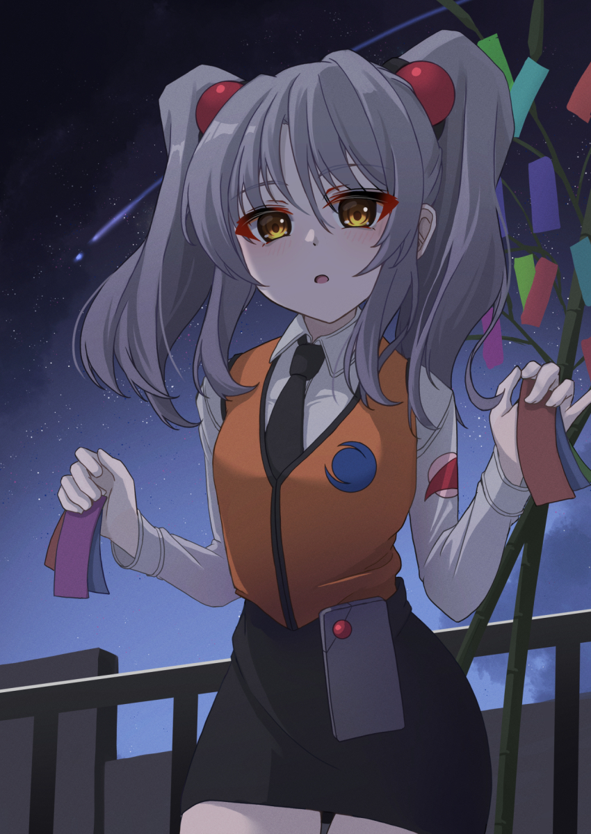 1girl grey_hair highres hoshino_ruri kidou_senkan_nadesico long_hair necktie open_mouth outdoors ru-ha solo twintails vest yellow_eyes